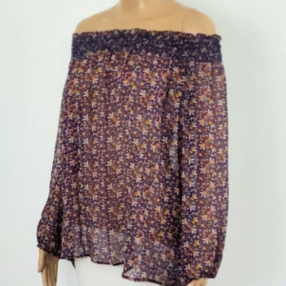 JOIE Azzedine Silk Multicolor Smocked Off Shoulder Sheer Pattern Blouse XS $268 - Picture 5 of 7